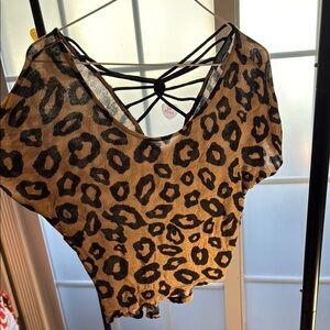 Tan and Brown Asymmetrical Backless Short Sleeve Blouse